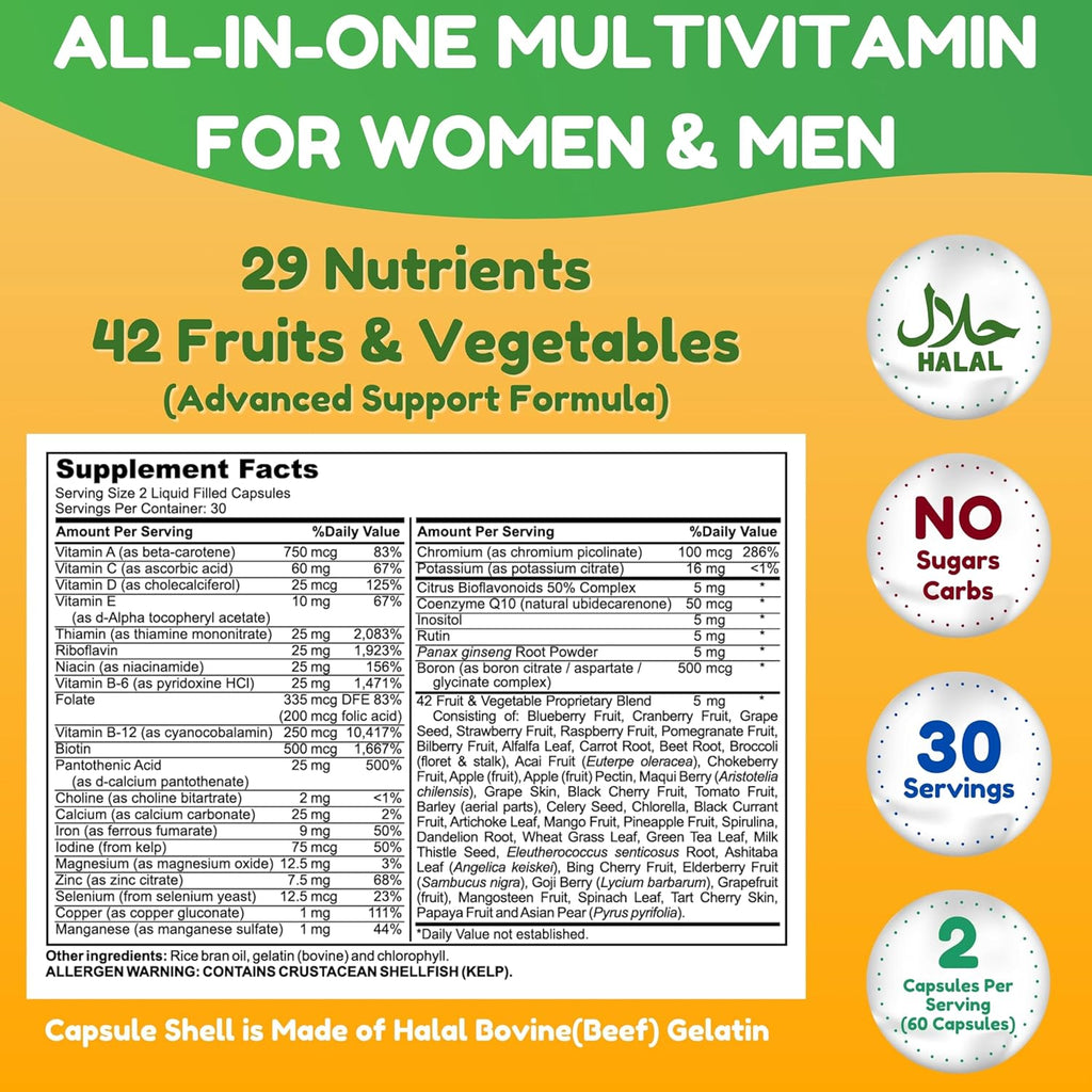 Halal Multivitamins for Women, Men & Adults, 30 Servings | Iron, Vitamin A, B6, B12, Biotin, Niacin, C, D3, E, Zinc, Calcium, Folic Acid, CoQ10 | Halal Vitamins