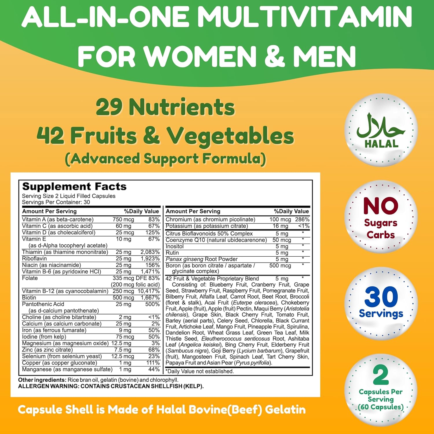 Halal Multivitamins for Women, Men & Adults, 30 Servings | Iron, Vitamin A, B6, B12, Biotin, Niacin, C, D3, E, Zinc, Calcium, Folic Acid, CoQ10 | Halal Vitamins