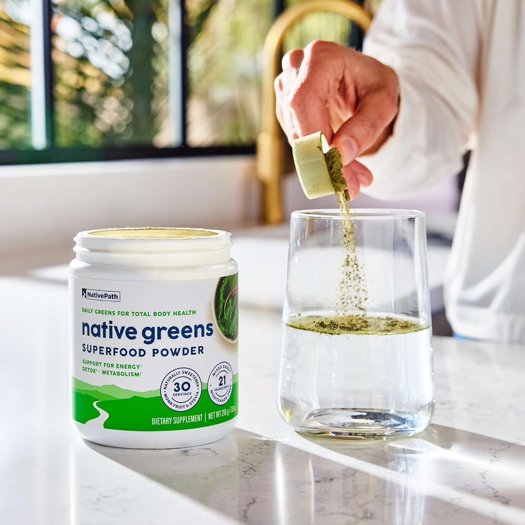 NativePath Native Greens Superfood Powder – Organic Greens, Spirulina, Beet Root Powder, Digestive Enzymes, Probiotics, Nightshade-Free, Naturally Sweetened, 30 Servings
