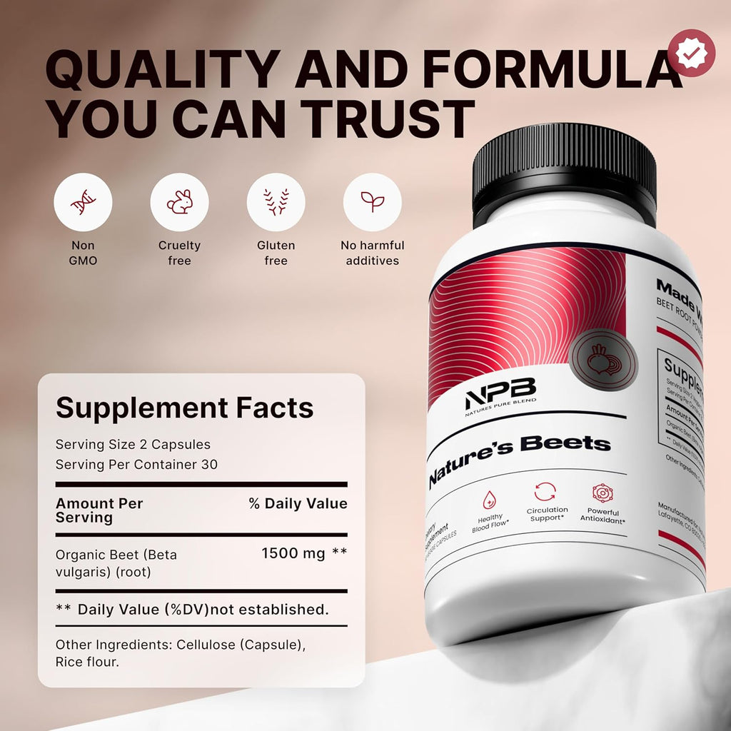 Nature's Pure Blend Organic Beet Root Powder Capsules – Beet Root Capsules & Beets Supplements for Circulation – L Arginine – Nitric Oxide Supplements – 1500MG