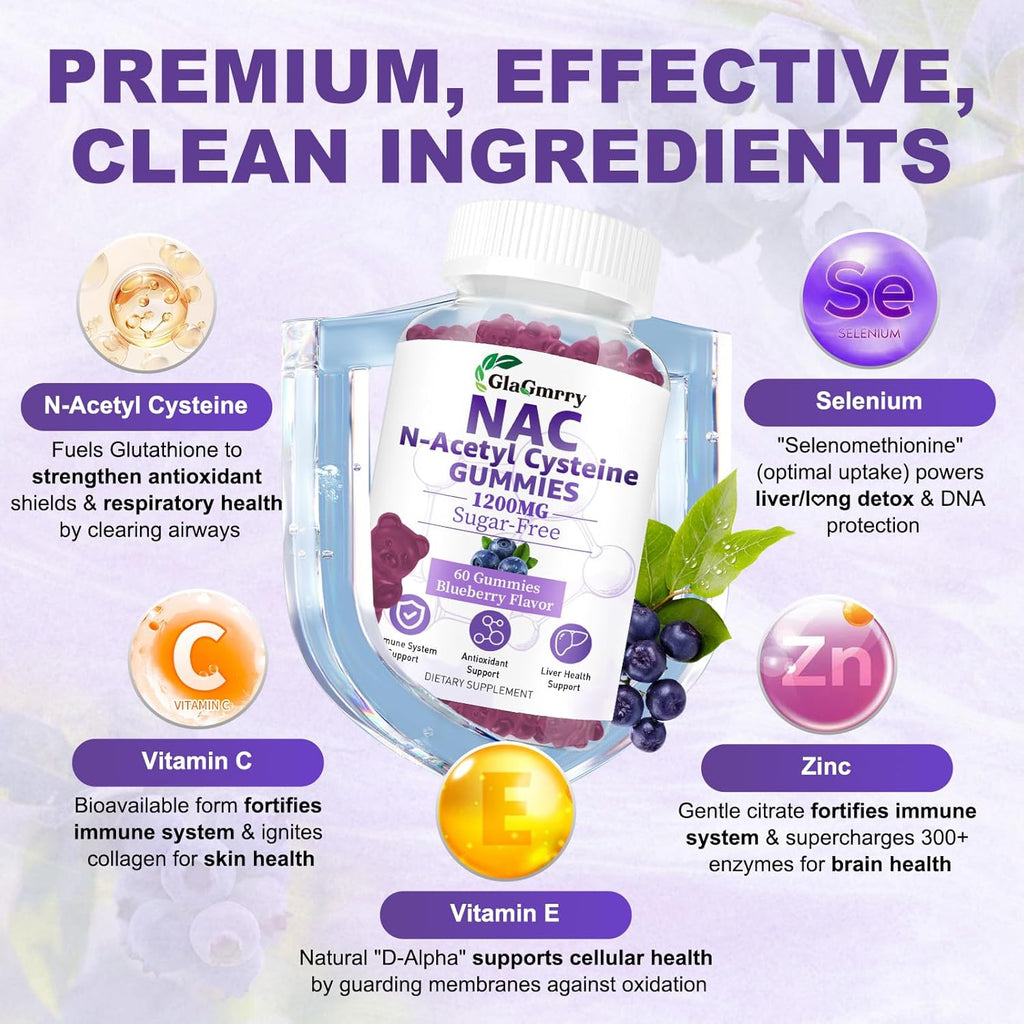 Sugar Free NAC Gummies for Kids & Adults, 1200mg NAC Supplement N Acetyl Cysteine with Selenium Zinc Vitamin C & E, NAC 600mg Per Gummy, Support Liver Health, Antioxidant, Immune System, 60 Count
