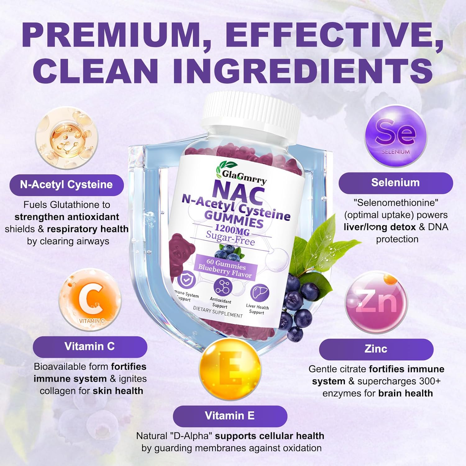 Sugar Free NAC Gummies for Kids & Adults, 1200mg NAC Supplement N Acetyl Cysteine with Selenium Zinc Vitamin C & E, NAC 600mg Per Gummy, Support Liver Health, Antioxidant, Immune System, 60 Count