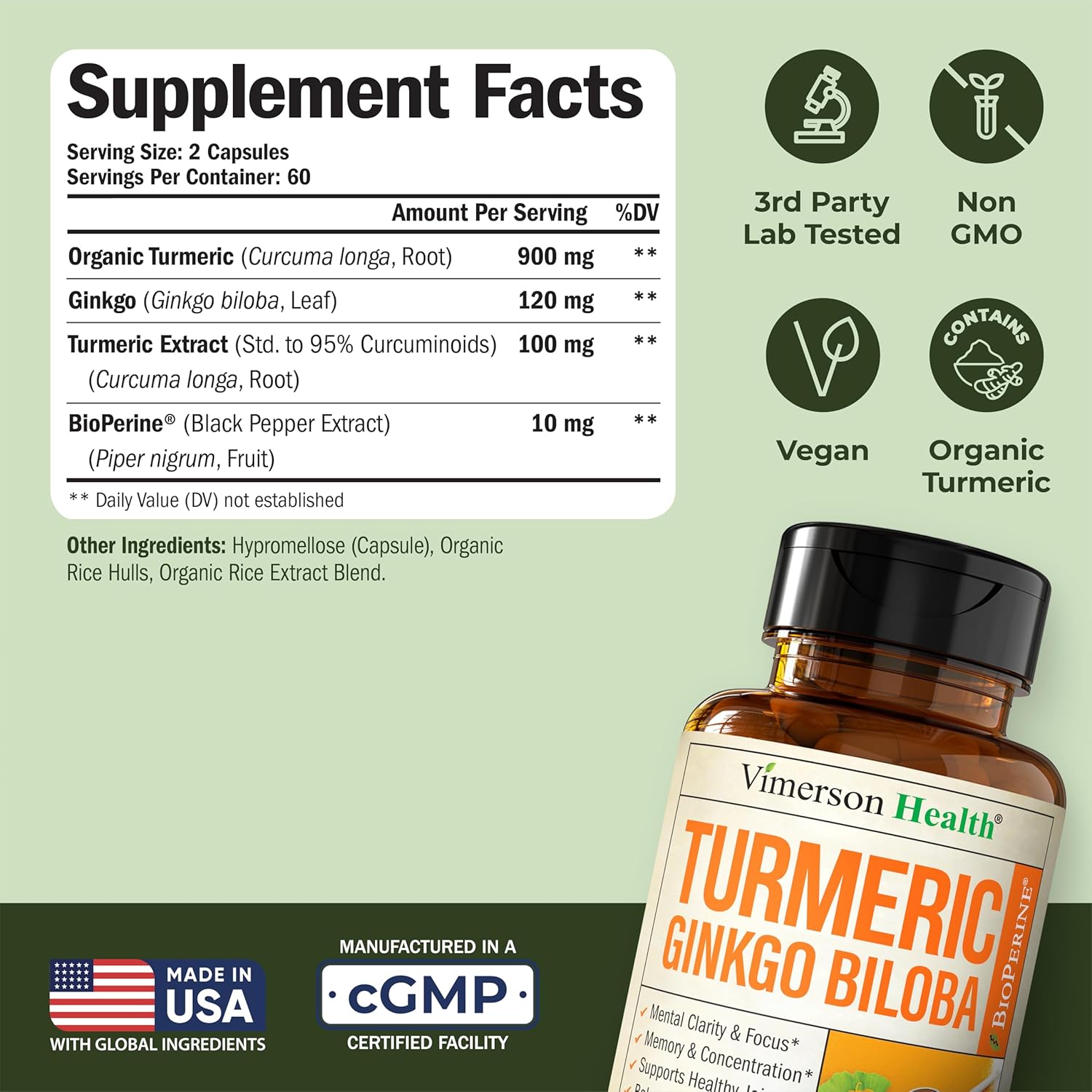 Turmeric Curcumin Supplement with Ginkgo Biloba & Black Pepper – Natural Turmeric Supplement with Organic Tumeric for Joint Support, Brain Clarity, Focus & Memory – Vegan, 120 Ginko Biloba Capsules