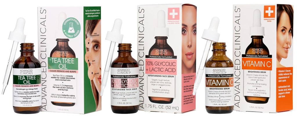 Advanced Clinicals Tea Tree Oil For Face + Vitamin C Serum + Exfoliating 10% Glycolic Acid + Lactic Acid Serum 3PC Skincare Set For Women & Men | Anti Aging Serums To Brighten, Exfoliate, & Hydrate