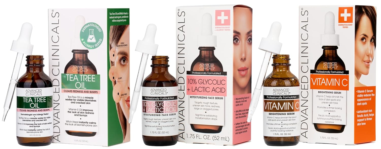 Advanced Clinicals Tea Tree Oil For Face + Vitamin C Serum + Exfoliating 10% Glycolic Acid + Lactic Acid Serum 3PC Skincare Set For Women & Men | Anti Aging Serums To Brighten, Exfoliate, & Hydrate