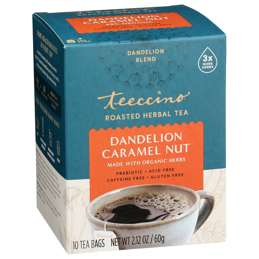 Teeccino Dandelion Dark Roast and Dandelion Caramel Nut Tea Variety Pack - Caffeine-Free, Roasted Herbal Tea with Prebiotics, Gluten Free - 10 Tea Bags (Pack of 4)