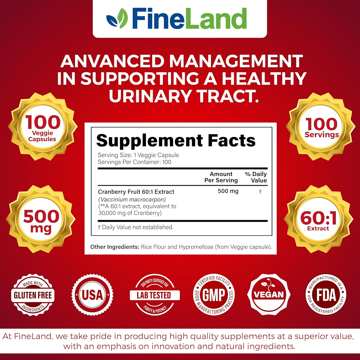 FineLand Cranberry Extract 30,000mg Strength per Capsule — High Potency Cranberry Pills for UTI Support — 100 Vegan Capsules, 100-Day Supply, Non-GMO, Made in USA