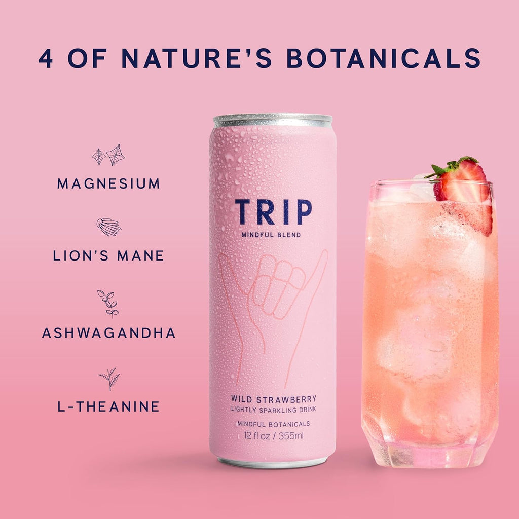 Trip Drink Mindful Blend, Lightly Sparkling Calming Drink, Adaptogen Drink 120 MG Magnesium Citrate with Ashwagandha, Lions Mane & L Theanine, No Added Sugar, Low Calorie, Vegan, Wild Strawberry, 12 Oz, 12Pk