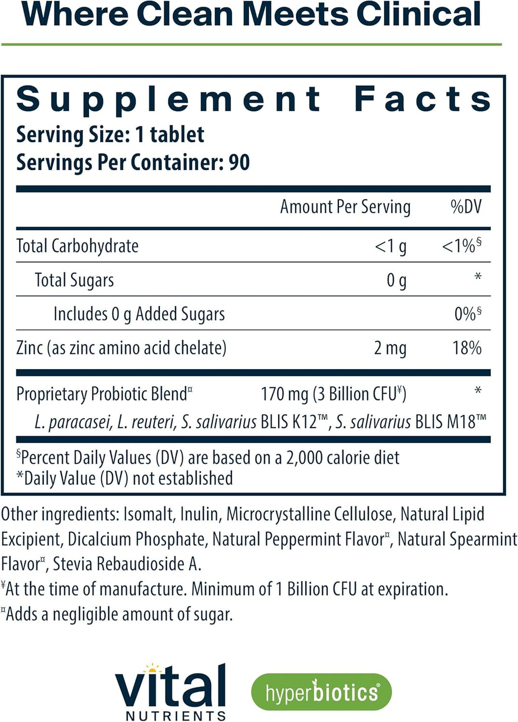 Hyperbiotics Vital Nutrients Pro Dental Probiotic | Clinically Studied BLIS K12 and M18 | Oral Probiotics for Bad Breath Treatment for Adults | Oral Health for Teeth and Gums | 90 Mint Tablets