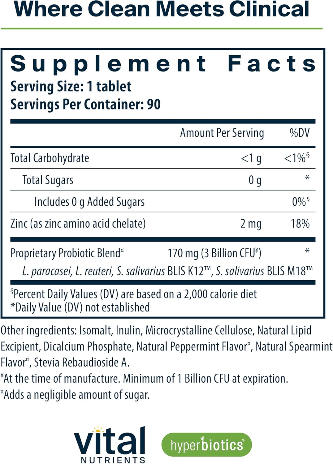 Hyperbiotics Vital Nutrients Pro Dental Probiotic | Clinically Studied BLIS K12 and M18 | Oral Probiotics for Bad Breath Treatment for Adults | Oral Health for Teeth and Gums | 90 Mint Tablets