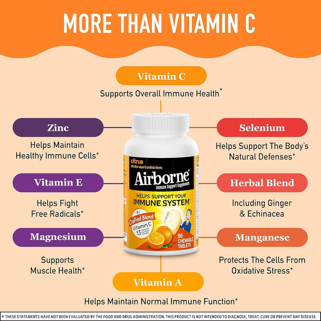 Airborne Vitamin C 1000mg (per Serving) - Citrus Chewable Tablets (96 Count in a Box) - Packaging May Vary