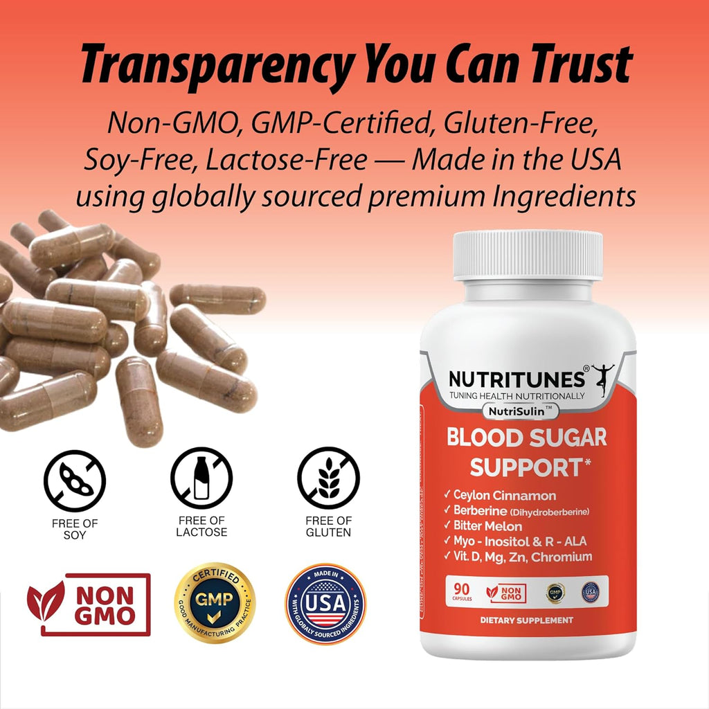 Blood Sugar Complex with Berberine (Dihydroberberine) Ceylon Cinnamon Bitter Melon Myo-Inositol R-ALA Vit. D Chromium Magnesium & Zn–Supports Healthy Sugar Metabolism–90 NutriSulin Supplement Capsules
