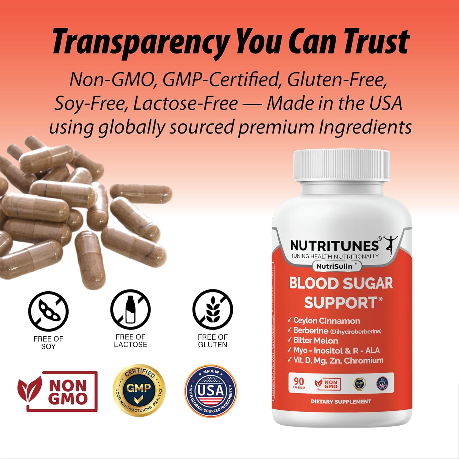 Blood Sugar Complex with Berberine (Dihydroberberine) Ceylon Cinnamon Bitter Melon Myo-Inositol R-ALA Vit. D Chromium Magnesium & Zn–Supports Healthy Sugar Metabolism–90 NutriSulin Supplement Capsules