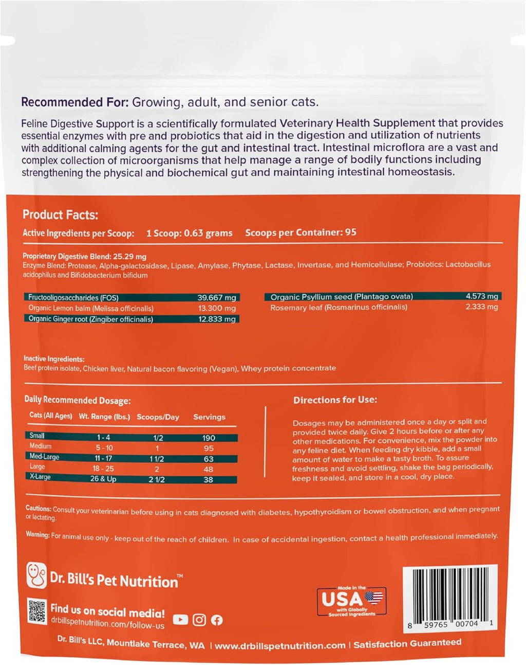 Dr. Bill's Feline Digestive Support Cat Prebiotics and Probiotics with Ginger Root, Psyllium Husk, Lemon Balm & More | 41 Active Ingredients for Better Digestion & Gut Health | Made in The USA