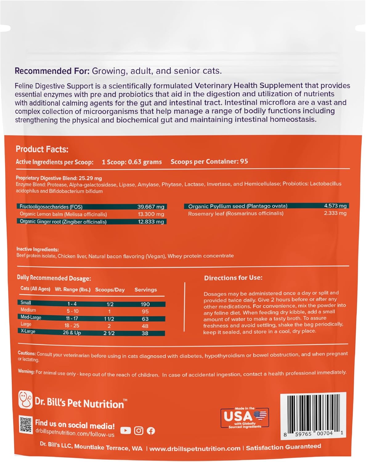 Dr. Bill's Feline Digestive Support Cat Prebiotics and Probiotics with Ginger Root, Psyllium Husk, Lemon Balm & More | 41 Active Ingredients for Better Digestion & Gut Health | Made in The USA
