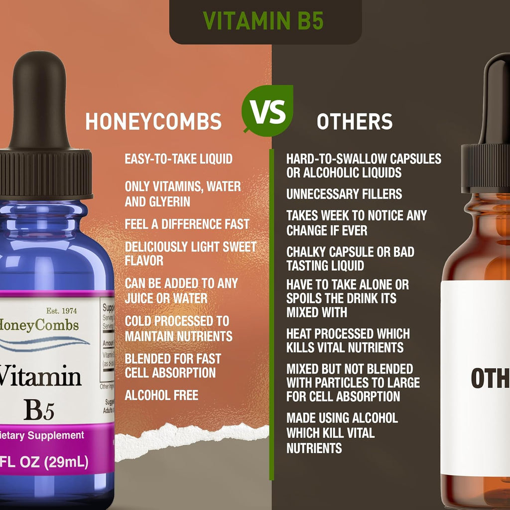 HoneyCombs Vitamin B5 Pantothenic Acid Supplement Liquid Drops - High Potency Vitamin B5 for Men & Women - Maintain Healthy Hormones, Immune System, Hair, Skin, Nails - Vegan Liquid Vitamins (1 Fl oz)