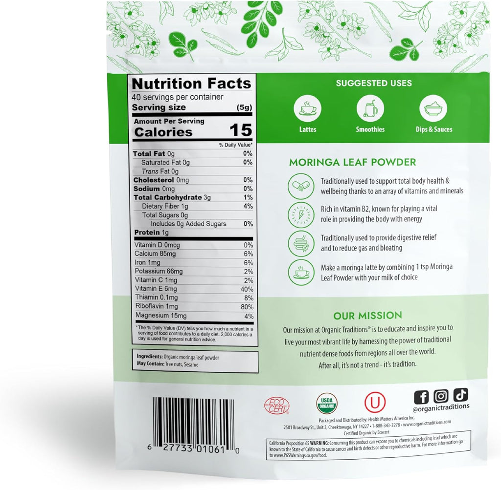 Organic Traditions Organic Moringa Powder Organic Moringa Leaves Extract Vegan Non-GMO Organic Superfood Natural Moringa Supplement, 7oz (200g) Bag, 40 Servings per Bag