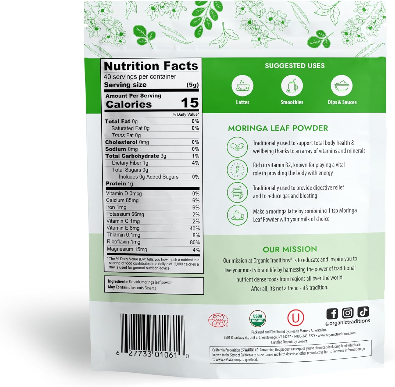 Organic Traditions Organic Moringa Powder Organic Moringa Leaves Extract Vegan Non-GMO Organic Superfood Natural Moringa Supplement, 7oz (200g) Bag, 40 Servings per Bag