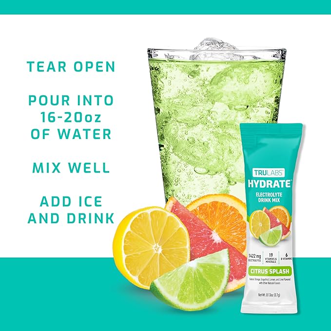 TRULABS Hydrate - Citrus Splash. Sugar Free Electrolytes Hydration Packets. Each Serving Contains 1422 mg of Electrolytes &19 Vitamins & Minerals (16 ct)