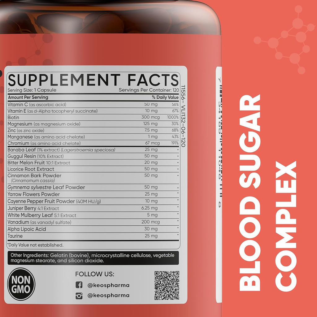 Blood Sugar Complex, 120 Capsules, Up to 4 Months Supply with Magnesium, Cinnamon, Zinc, Vitamin C,E, Biotin and other