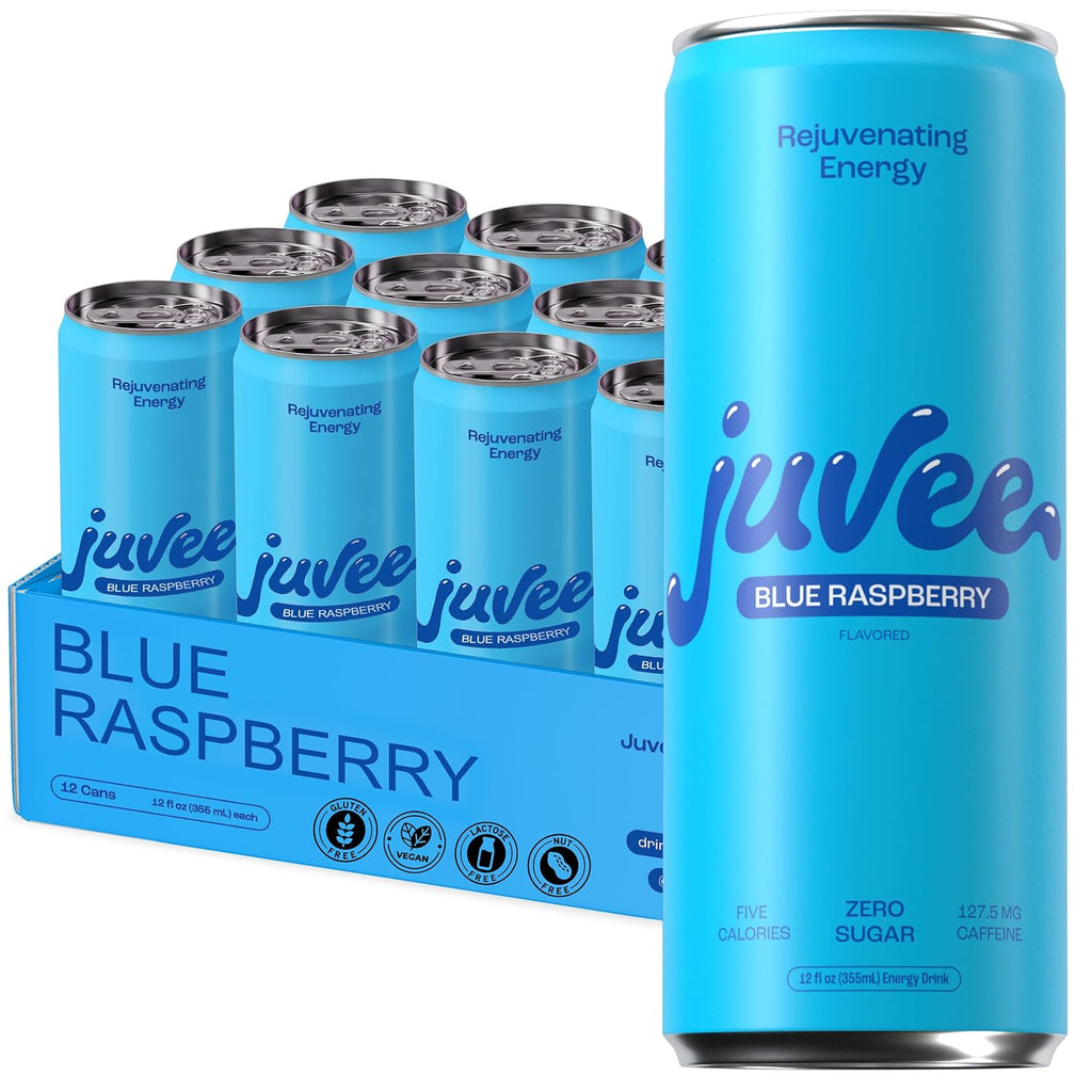 Juvee Rejuvenating Energy Drink. Sugar Free Energy Drinks. Taurine, Vitamin B12, Vitamin B6. 128 Mg Of Caffeine. L-Theanine For Mood Support. Panax Ginseng For Focus. Vitamin C For Immune Support. Gluten Free 12 oz - 12 Pack - Blue Raspberry