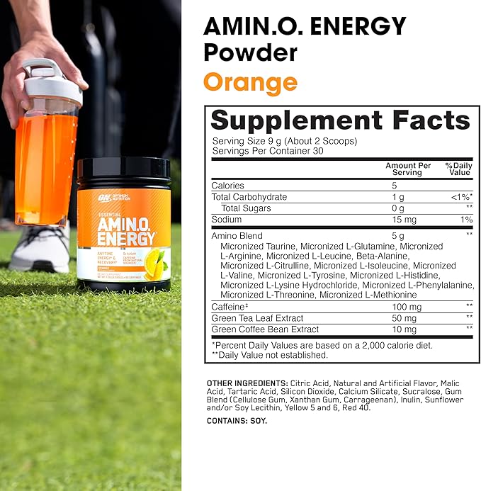 Optimum Nutrition Amino Energy Powder – Energy & Focus Pre Workout with Amino Acids, BCAA, Green Tea Caffeine & Coffee, Muscle Recovery Support – Orange Cooler, 30 Servings (Packaging May Vary)