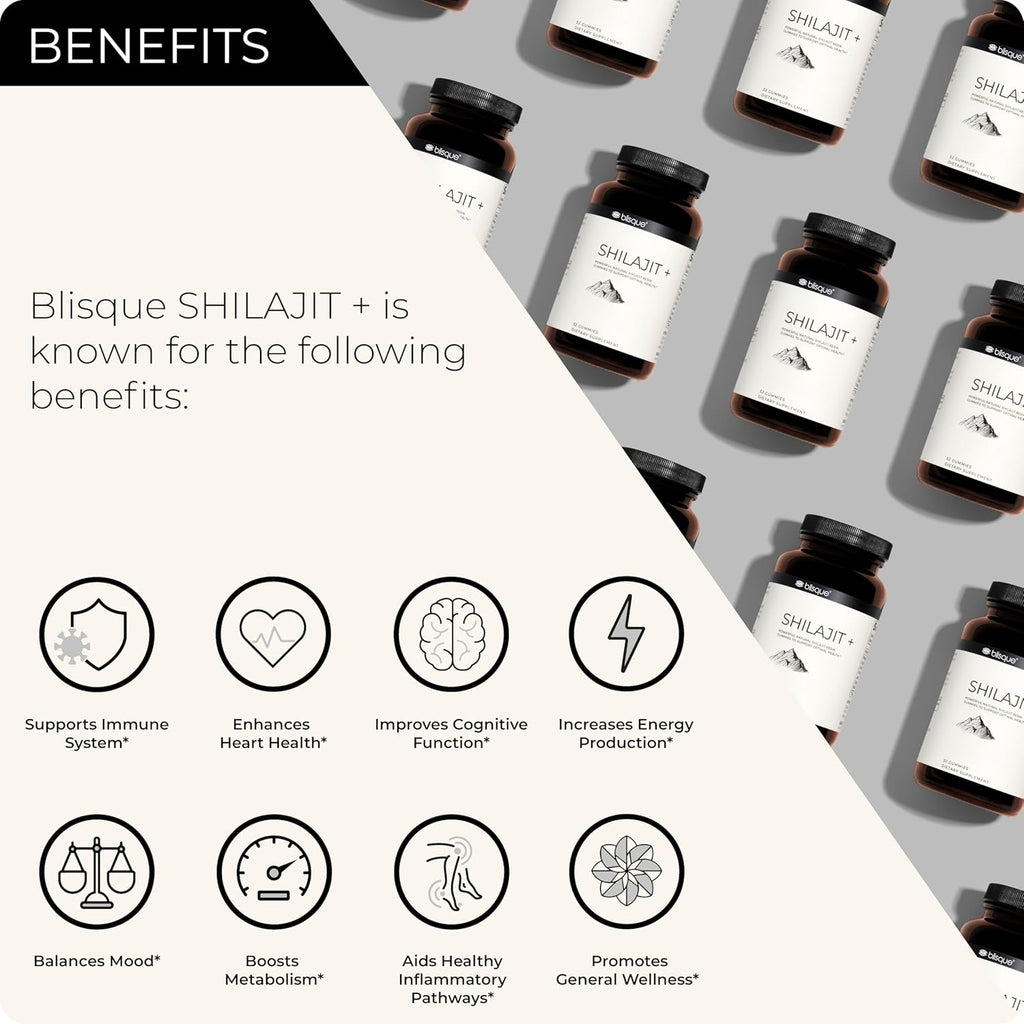 Blisque – Pure Himalayan Organic Shilajit Resin Gummies Supplement | Contains Fulvic Acid and Trace Minerals | Authentic and Natural | 52 Gummies