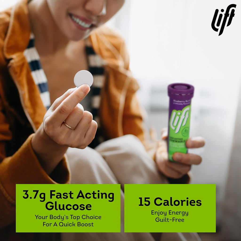 Lift Glucose Fast-Acting Glucose Chewable Energy Tablets, Blueberry, 10 ct Tube (Pack of 12)