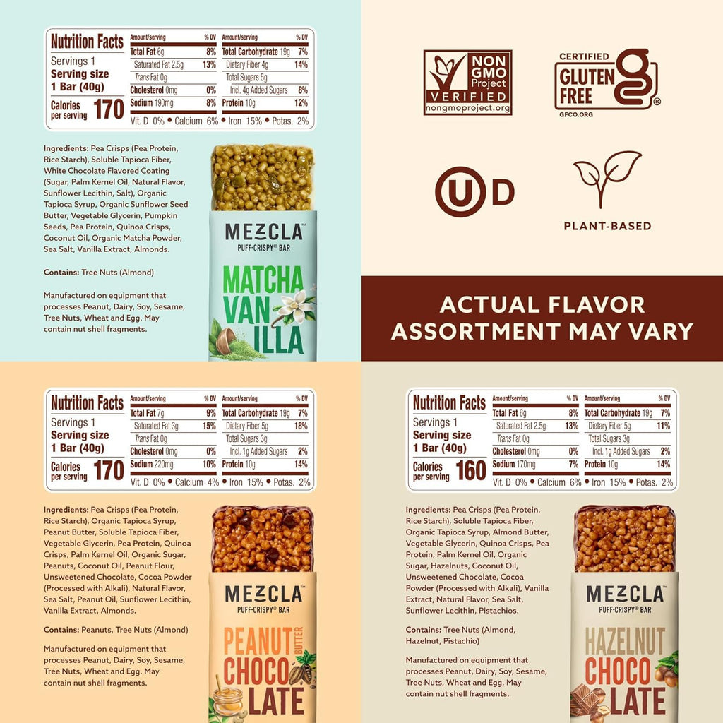 Mezcla Puff Crispy Protein Bars, Gluten Free & Vegan Protein Bars, 10g Protein, Alt for Crispy Rice Treat, Granola Bars & Breakfast Bars, Healthy Snacks for Adults, Variety Pack, 16 Count