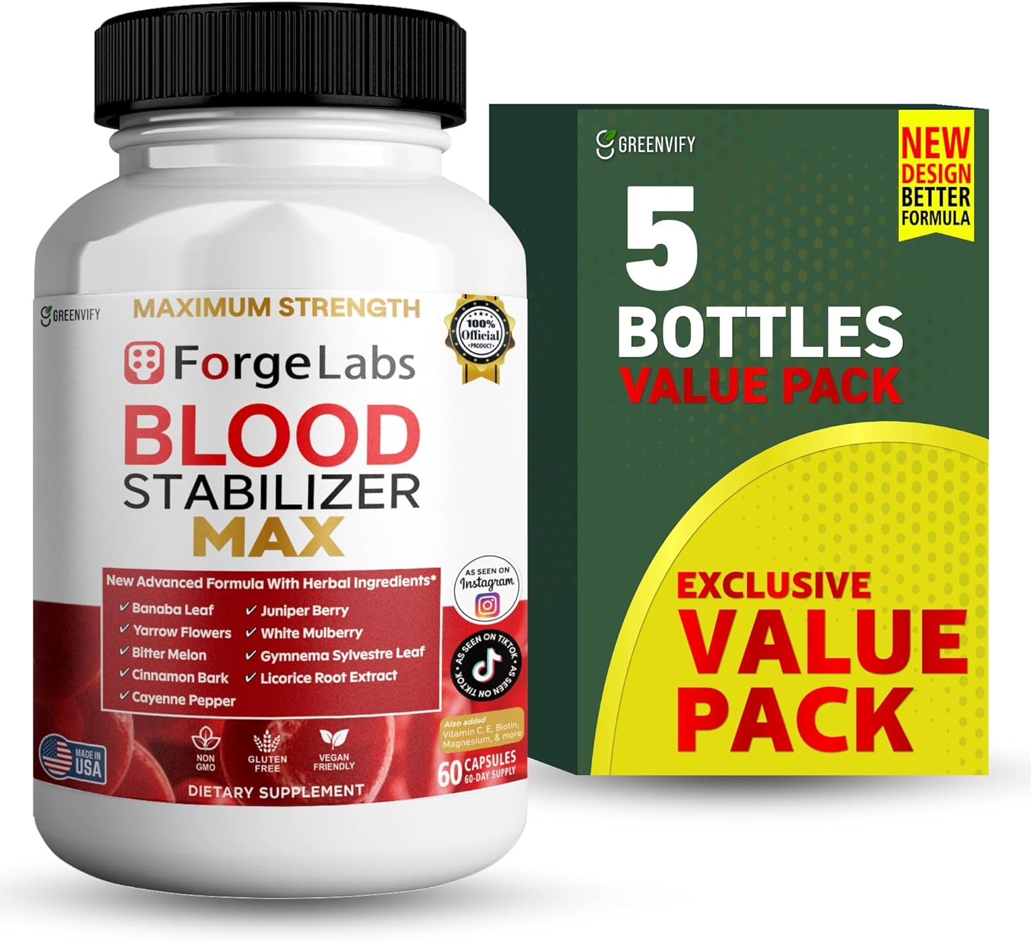 ForgeLabs Blood Stabilizer Max, Maximum Strength Dietary Supplement, 60 Veggie Capsules, with Banaba Leaf, Juniper Berry, White Mulberry. (5)