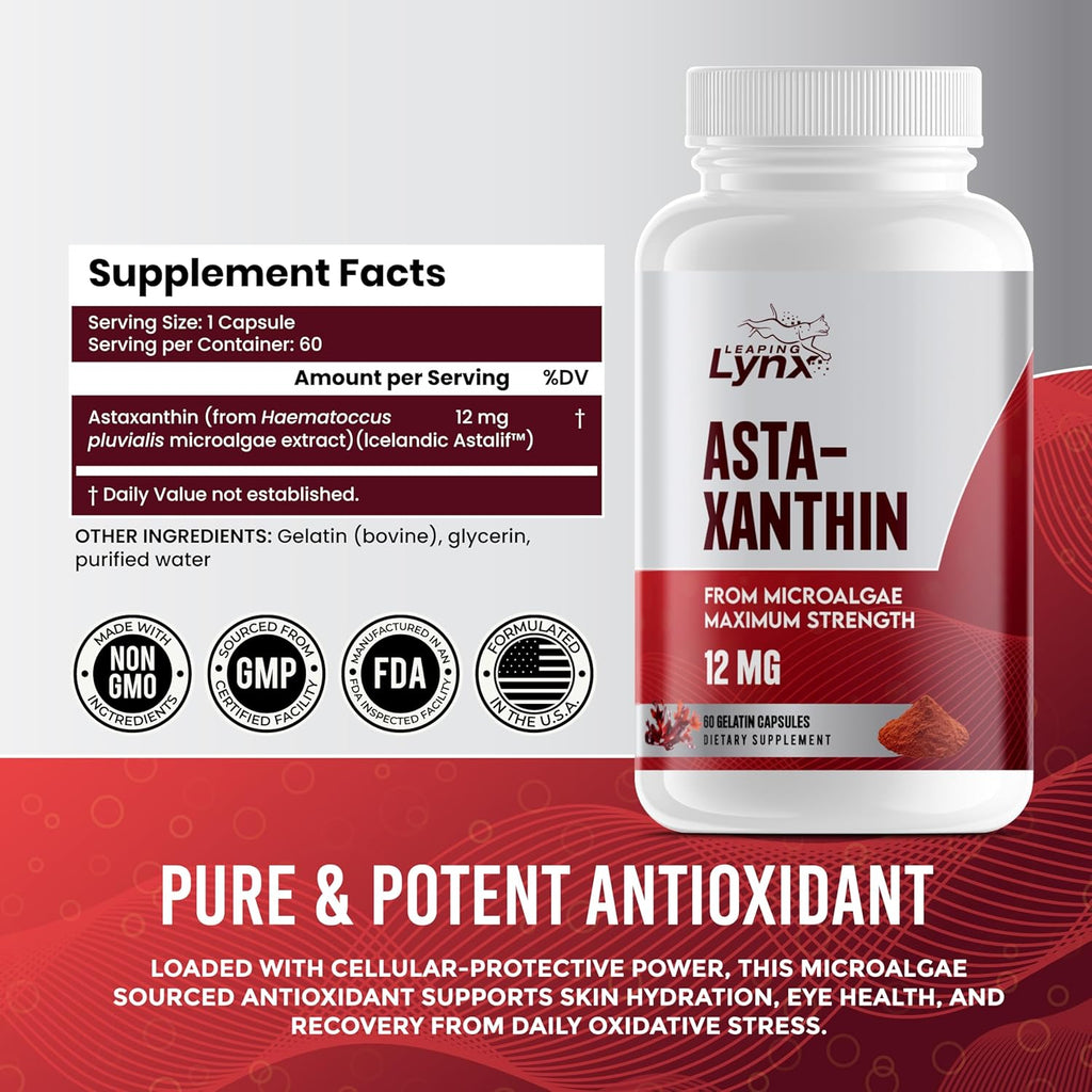 SUPER SUPPLEMENTS Astaxanthin 12mg, 60 Softgels, 2 Month Supply | Premium Astaxanthin Antioxidant | Fresh Microalgae Source | Supports Eye, Joint, Internal Circulation, Skin Health & Natural Tanning