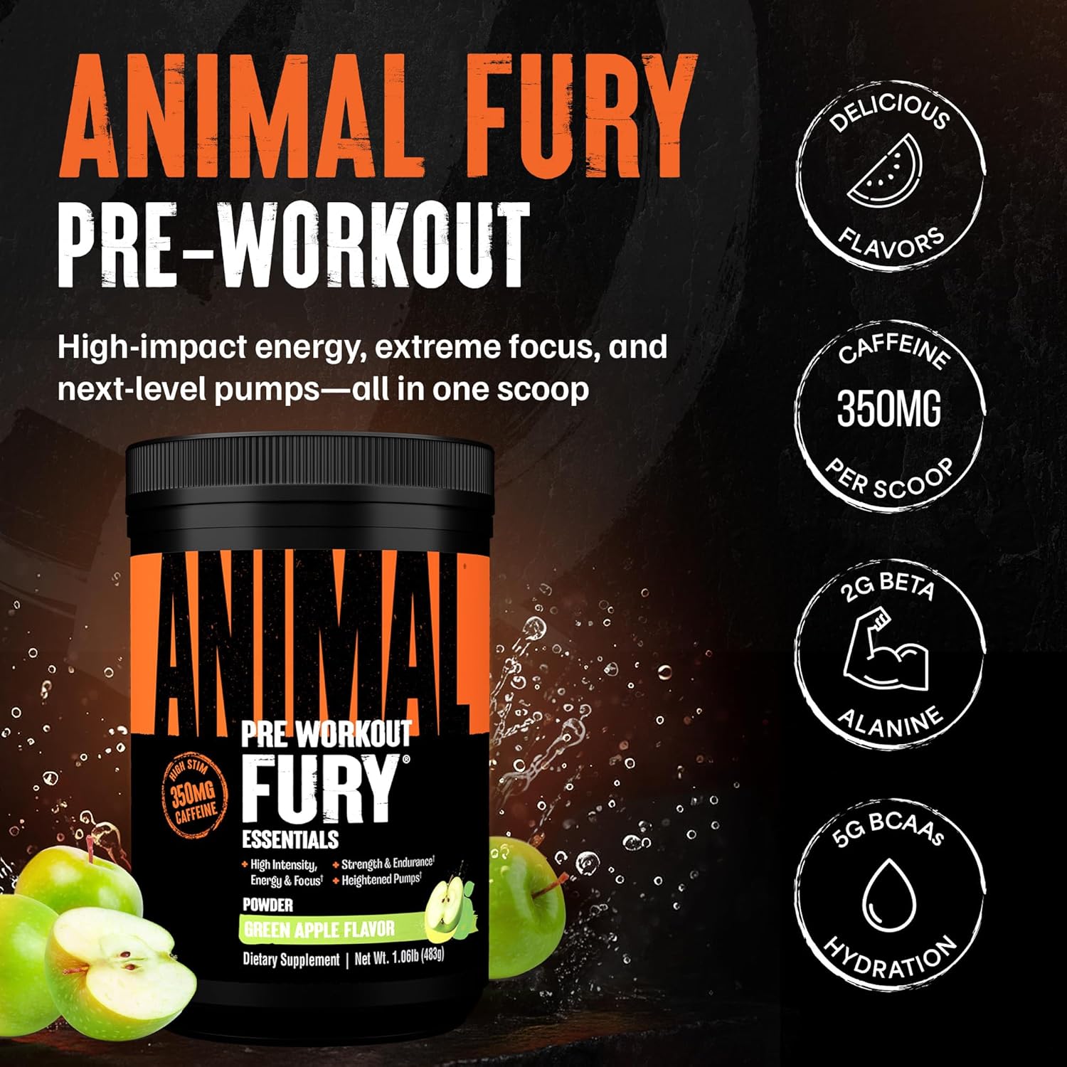 Animal Fury Pre Workout Powder - Green Apple, 350mg Caffeine, BCAA Amino Acids, 2g Beta Alanine, Citrulline & Tyrosine, Energy, Focus, Strength, Endurance, Preworkout for Men & Women, 20 Servings