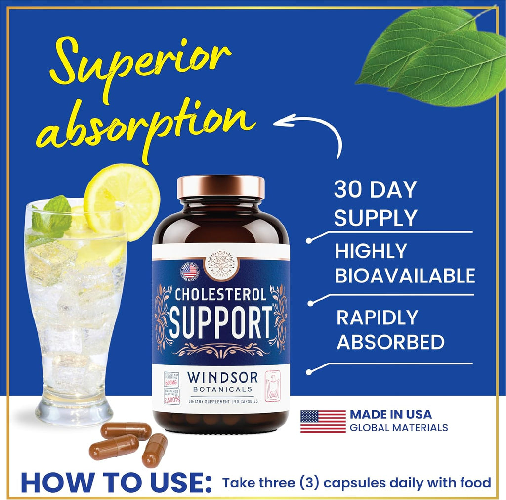 WINDSOR BOTANICALS Cholesterol Supplements - Citrus Bergamot, Niacin, Red Yeast Rice, Berberine, Aronia Berry Extract to Support Normal HDL and LDL Cholesterol Levels - 90 Vegan, Non-GMO Capsules