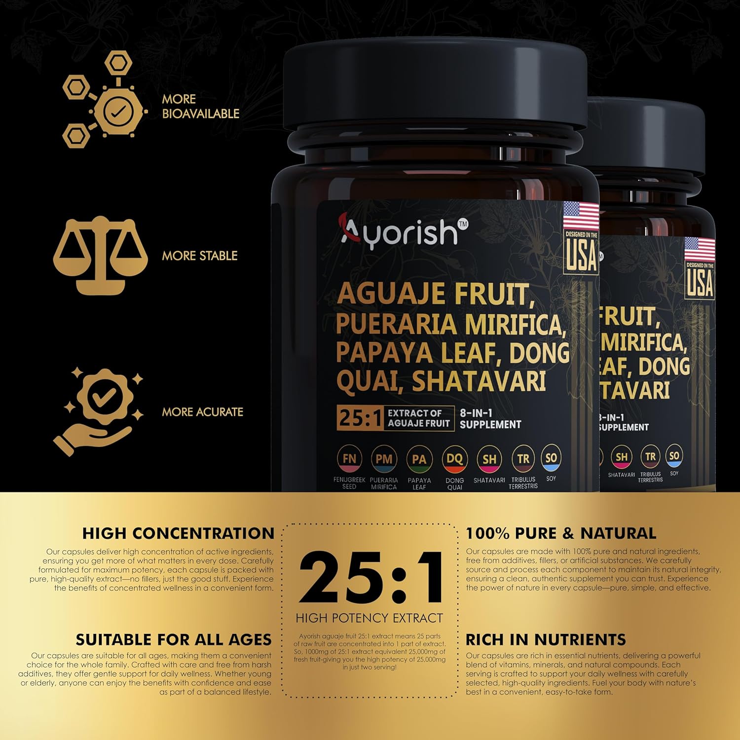 Aguaje Fruit Supplement1000mg 25:1 with Pueraria Mirifica, Papaya Leaf, Dong Quai, Shatavari, Wild Yam,Fenugreek Seed 120 Veg Capsules