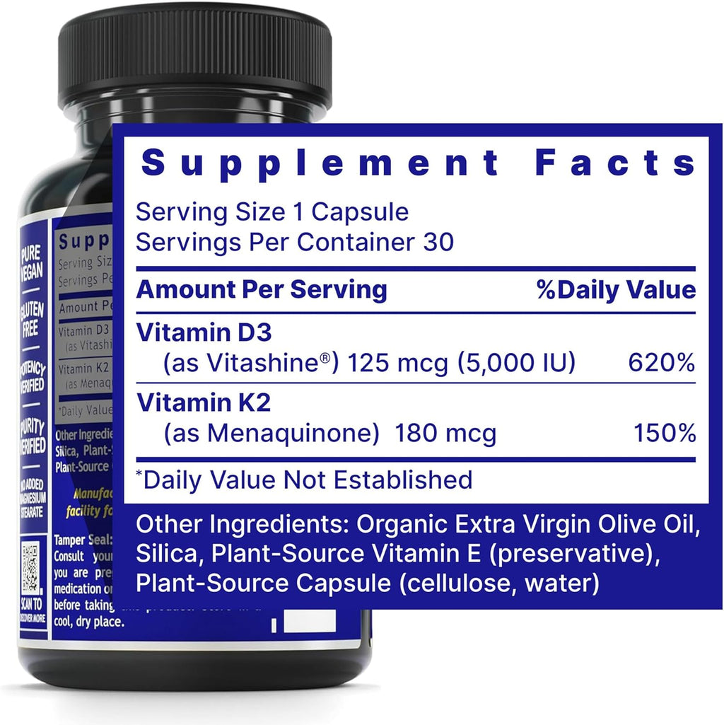Quantum Nutrition Labs Vitamin D3 and K2 Supplement - Bone & Heart Health Support for Women & Men, 5000 IU, Vegan Vitamins, Allows Calcium Absorption, Gluten-Free - 30 Plant Based Capsules