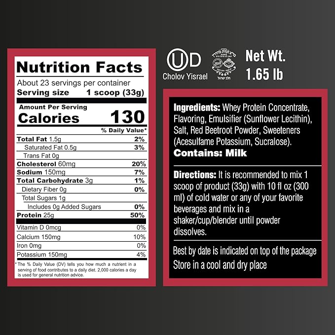 Strawberry Whey Protein Powder. 25g Protein Shake for Post Workout Recovery, Smoothie & Baking. Gluten & Sugar Free, Highly Kosher, Essential Amino Acids (5.5g BCAA, 2.7g Leucine), 1.65lbs 23 Servings
