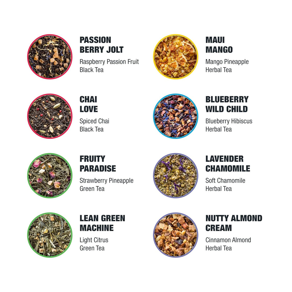 Tiesta Tea - Favorites Starter Sampler Dry Flight Set, Loose Leaf, High to No Caffeine, Makes Hot & Iced, Assorted Tea Sets with Herbal, Black, Fruit Blends & More, 8 Resealable Sample Pouches