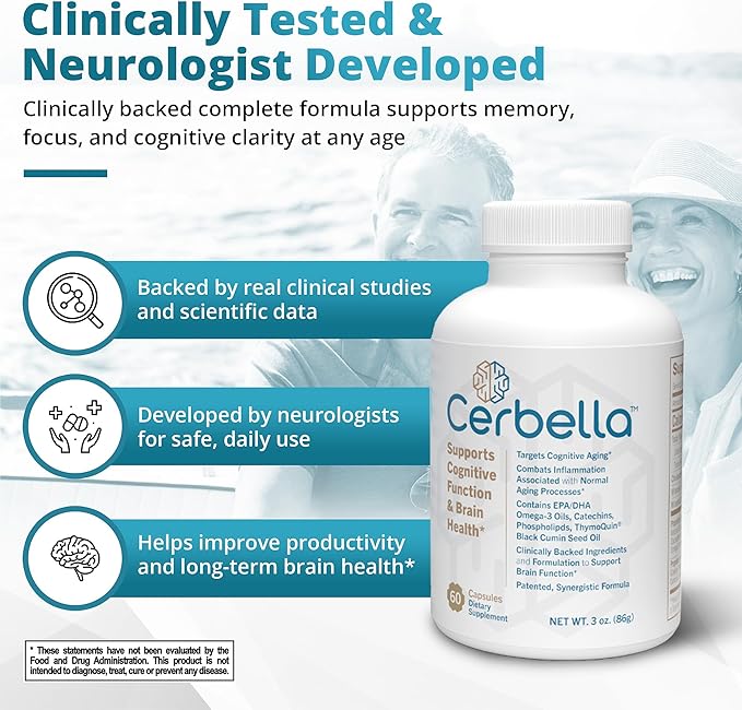 Cerbella® Advanced Brain Nootropic Wellness Supplement for Memory, Focus, & Cognitive Health – Neurologist Recommended - Omega-3 DHA/EPA, Green Tea Catechins, Phospholipids & ThymoQuin® (60 Capsules)