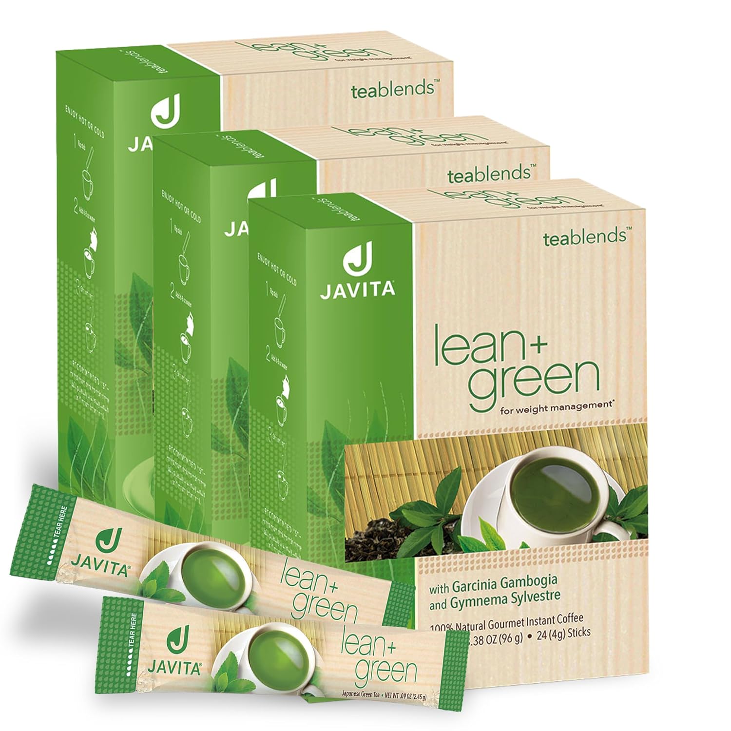 Lean + Green, Premium, 100% Japanese Green Tea, Garcinia Cambogia (as Super Citrimax) & Gymnema Sylvestre, for Weight Management, Appetite Control 24 ct - 3 Boxes, Javita