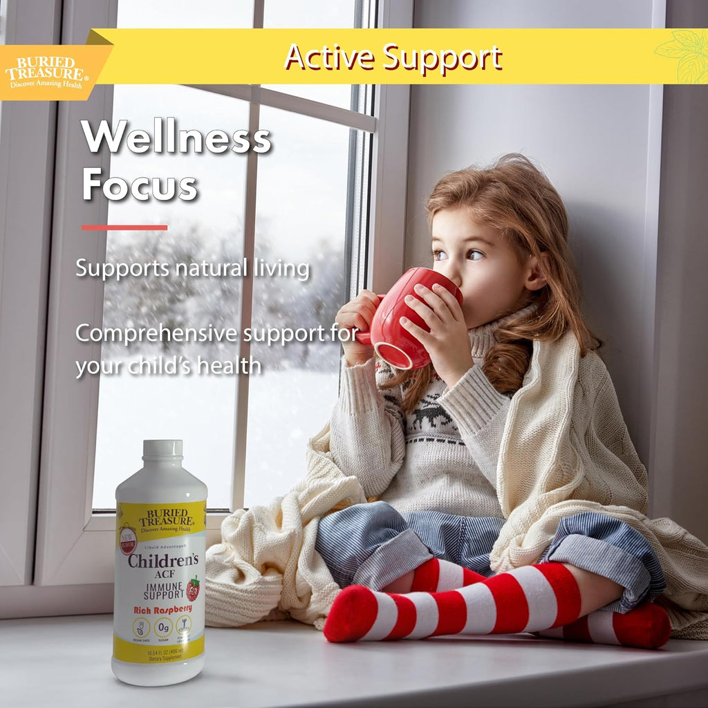 Buried Treasure Childrens ACF Advanced Immune Support, Cherry Flavor, 16oz w/Dose Cup, Immune Booster Supplement for Kids, Liquid Herbal Immunity Formula w/Vitamin C Elderberry Enchinacea Zinc