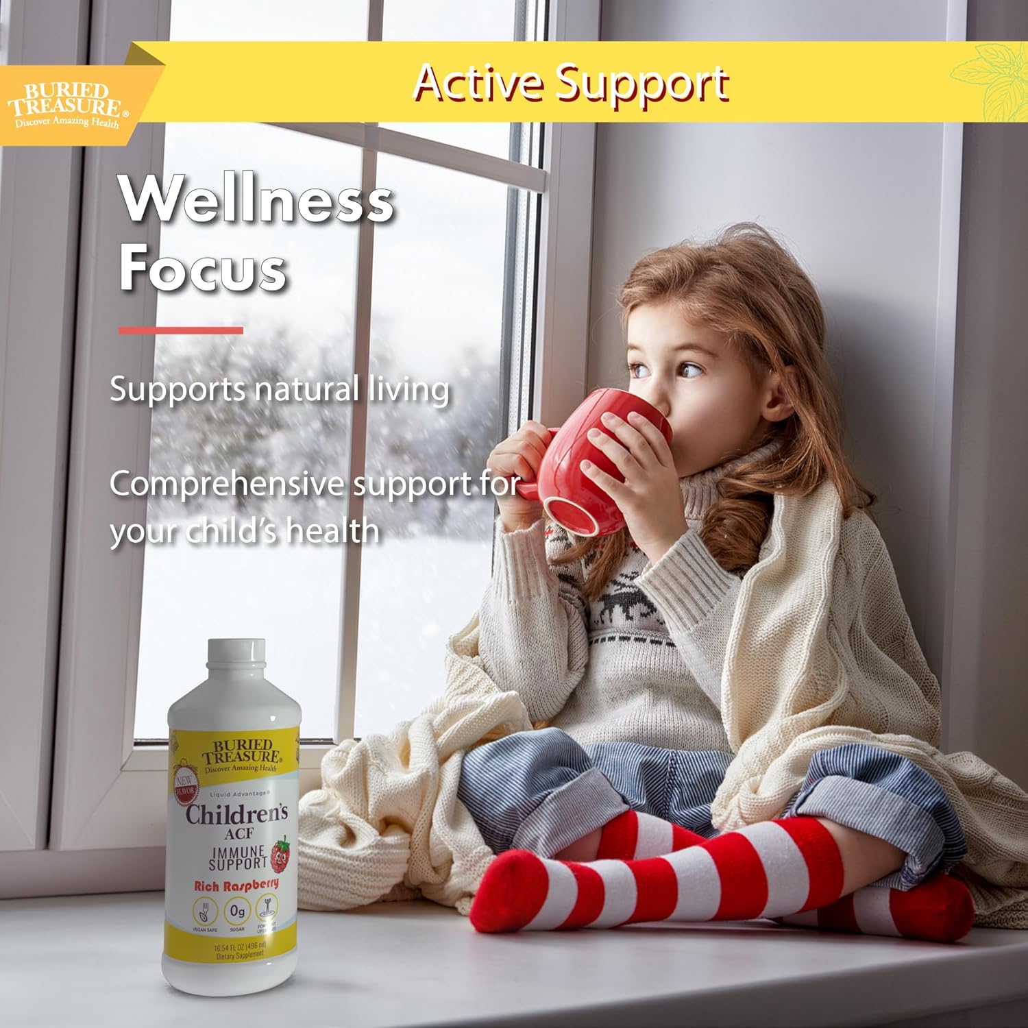 Buried Treasure Childrens ACF Advanced Immune Support, Cherry Flavor, 16oz w/Dose Cup, Immune Booster Supplement for Kids, Liquid Herbal Immunity Formula w/Vitamin C Elderberry Enchinacea Zinc