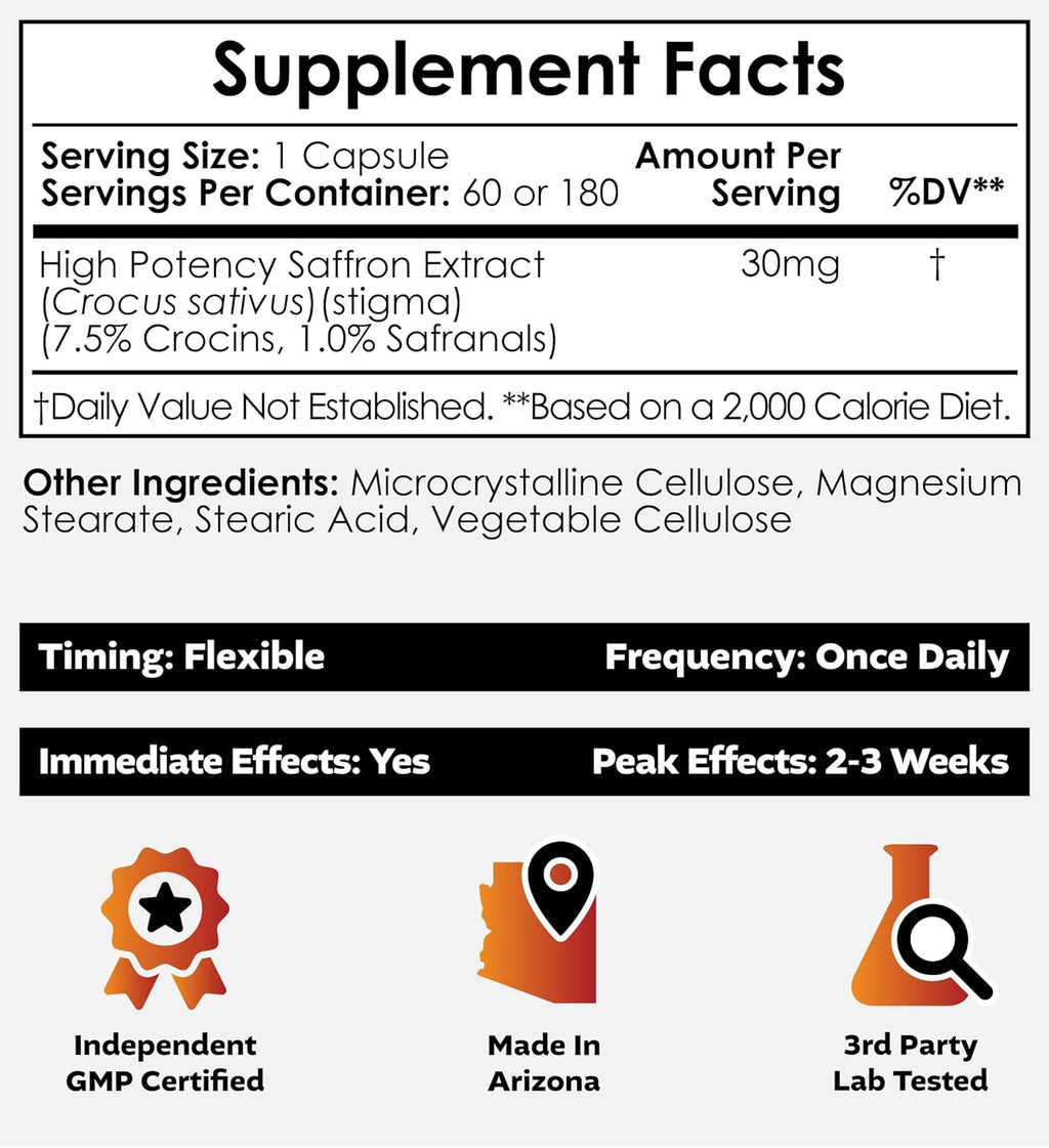 Nootropics Depot High Potency Saffron Extract Capsules | 30mg | Minimum 7.5% Crocins and 1% Safranals | Crocus sativus | 180 ct