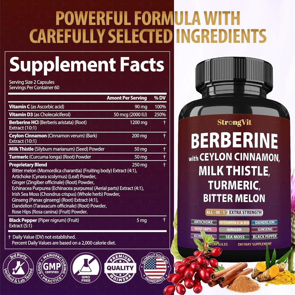 Berberine with Ceylon Cinnamon Supplement, Milk Thistle, Turmeric, Bitter Melon for Digestion, Immunity. Organic Complex for Men & Women, Non-GMO, Gluten-Free, Vegan, USA (120 Capsules)