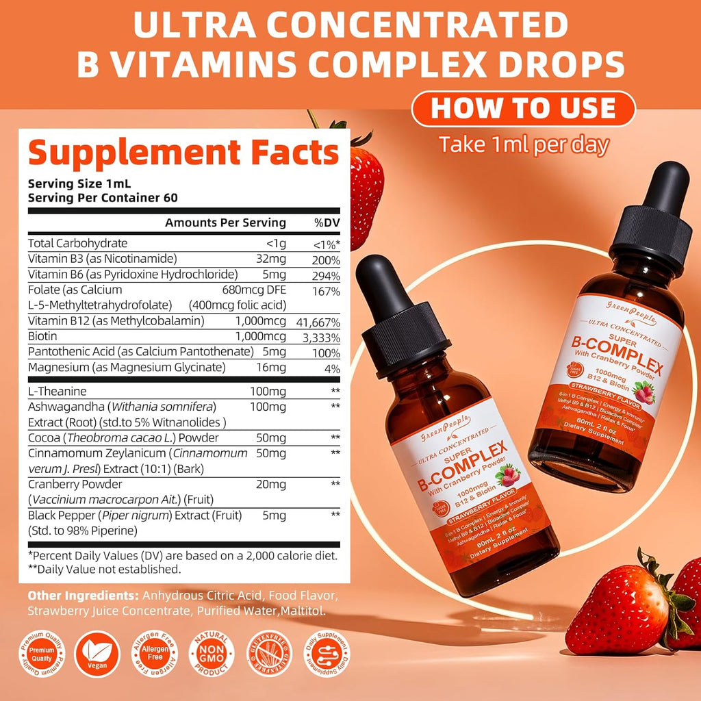 Super B Complex Liquid | B12 Methylcobalamin + Methyl Folate | B Vitamins Complex Liquid Drops with B3,B5,B6,B7, Ashwagandha & L-Theanine for Energy, Focus & Immunity, Vegan, 2fl Oz 2 Pack
