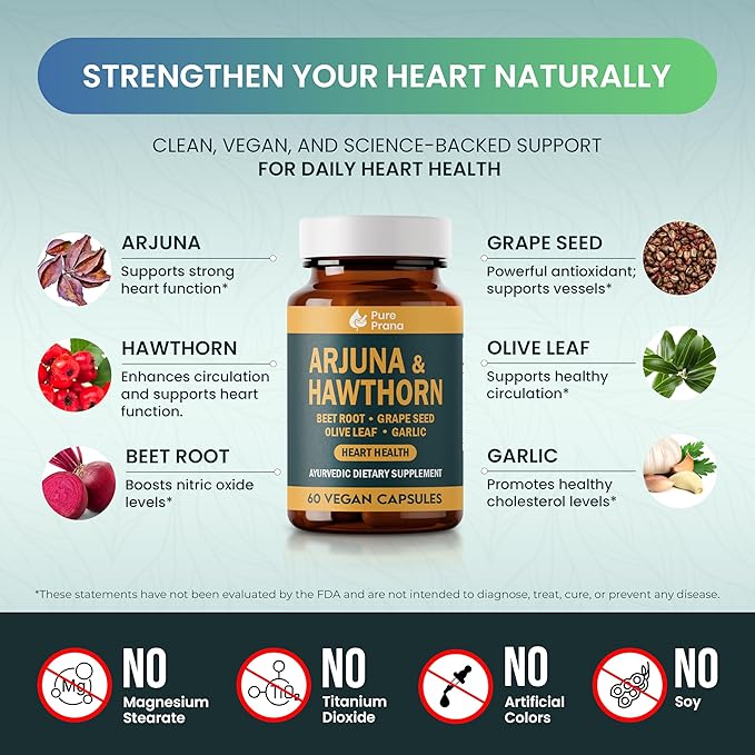 Pure Prana Ayurvedic Heart Health Supplement - Arjuna Bark & Hawthorn with CoQ10, Beet Root & Grape Seed for Cardiovascular Support & Blood Pressure - Vegan Capsules - Non-GMO, Gluten Free
