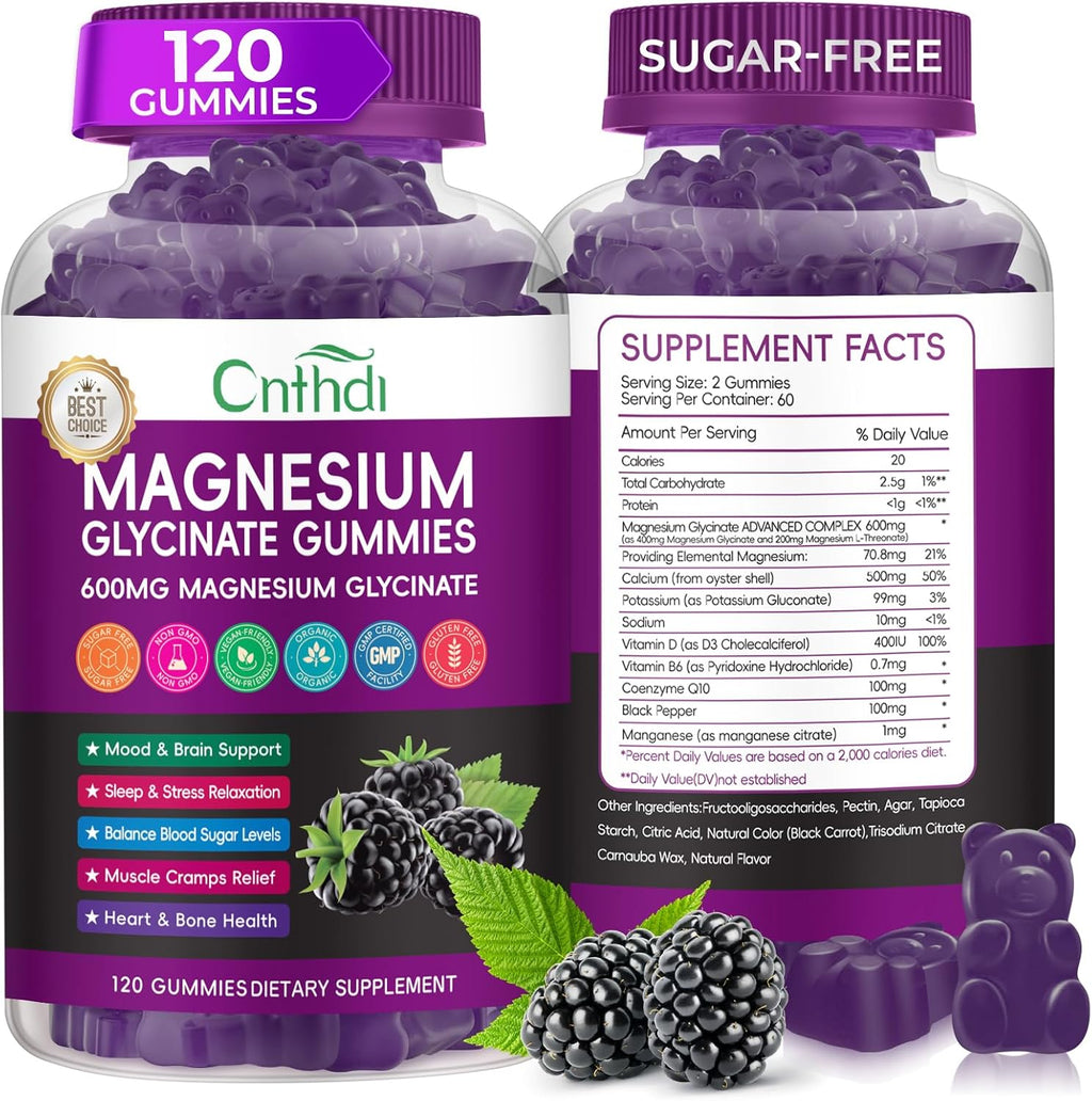 Magnesium Glycinate Gummies for Adults, High Absorption Vitamin Manganese Gummies with L-Threonate, Calcium, B6, D3, Sugar Free Chews, Relaxation, Stress Relief, Night Rest