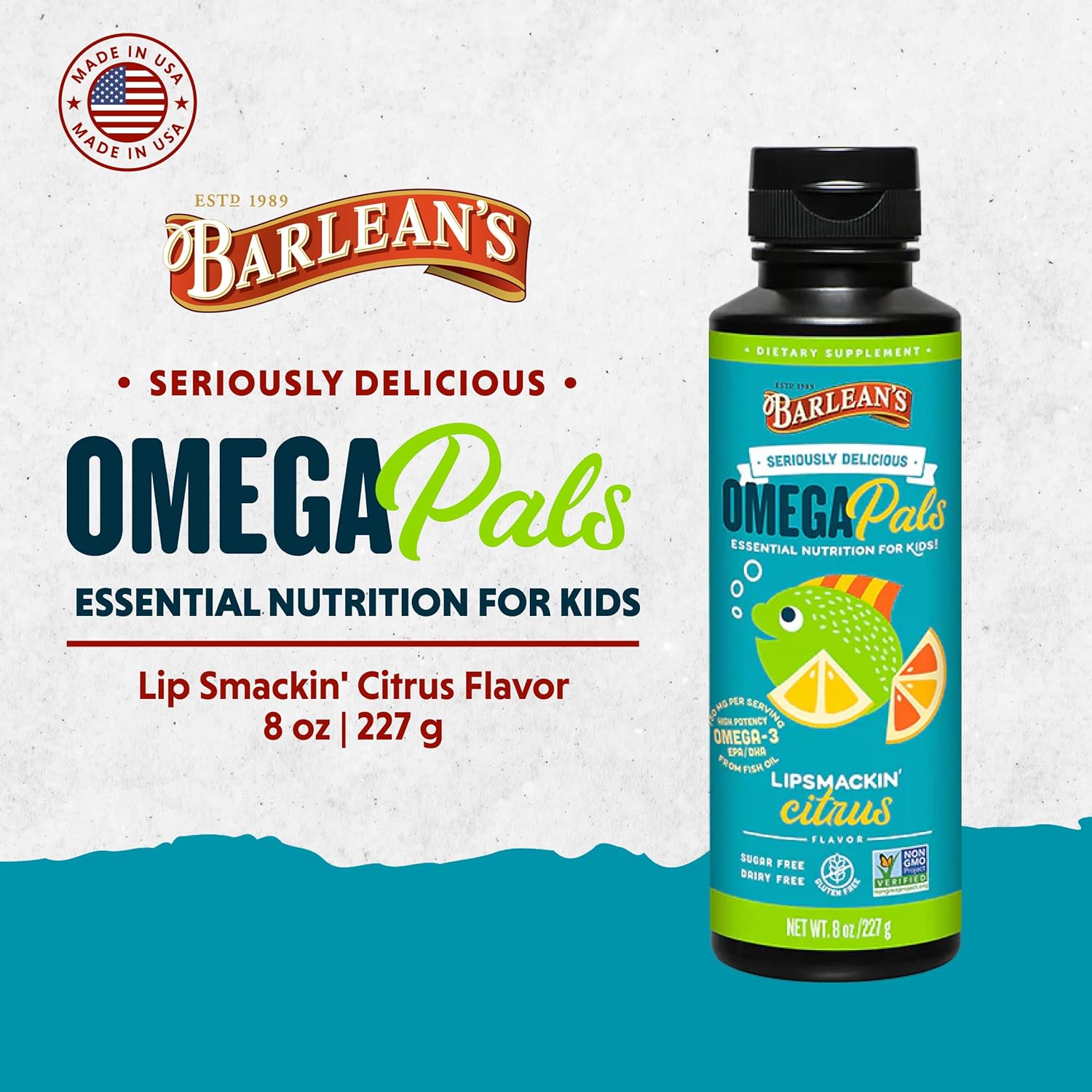 Barlean's Omega Pals Lipsmackin' Citrus Flavored Omega-3 for Kids, Yummy Children's Liquid Fish Oil Supplement with 750 mg of EPA & DHA for Brain & Eye Health, 8 oz