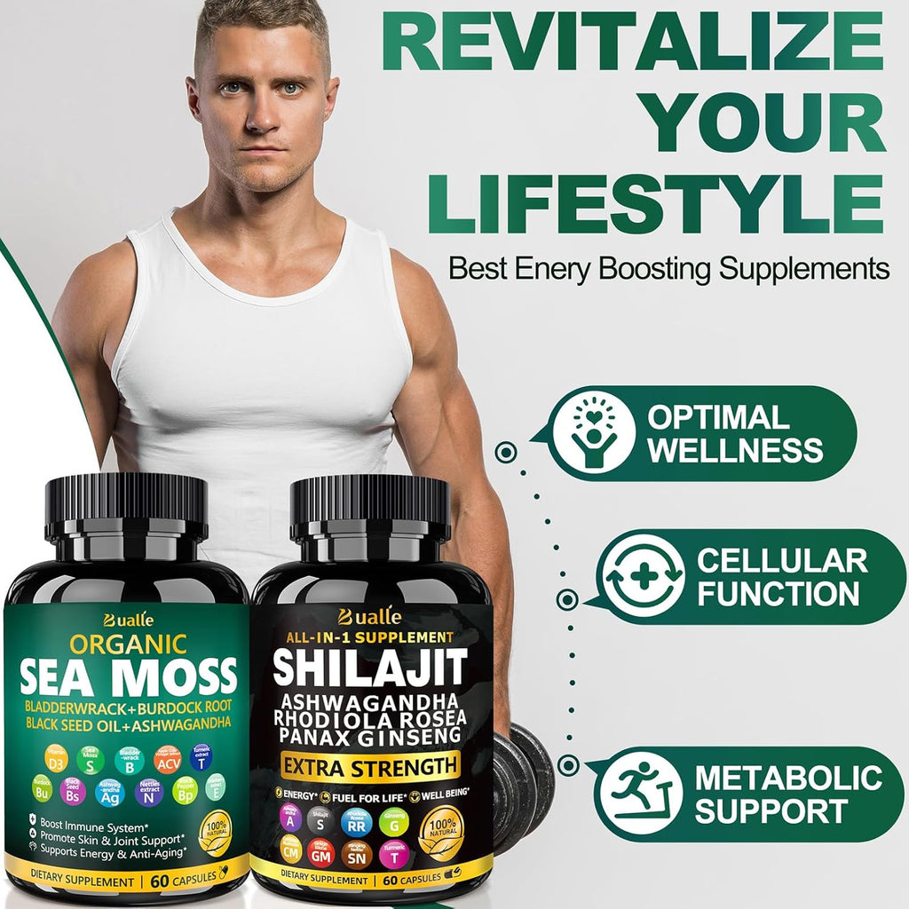 Bualle Sea Moss and Shilajit Bundle-Sea Moss 300mg,Black Seed Oil 100mg,Ashwagandha 50mg,Ginger & Shilajit 300mg,Rhodiola Rosea 100mg,Panax Ginseng 50mg,All in 1 Supplements-USA Made(2 Pack)