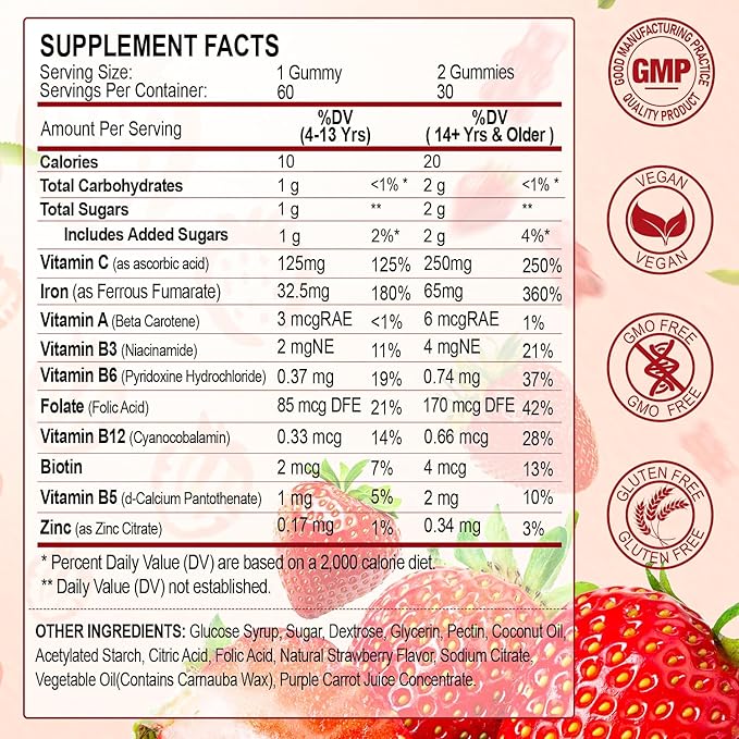 Iron Supplement Gummies, 65mg Iron for Women Men Kids, Natural Vegan Iron Gummy with Folate Gentle on Stomach, Gluten Free, Energy Support & Immune Health, 60 Gummies