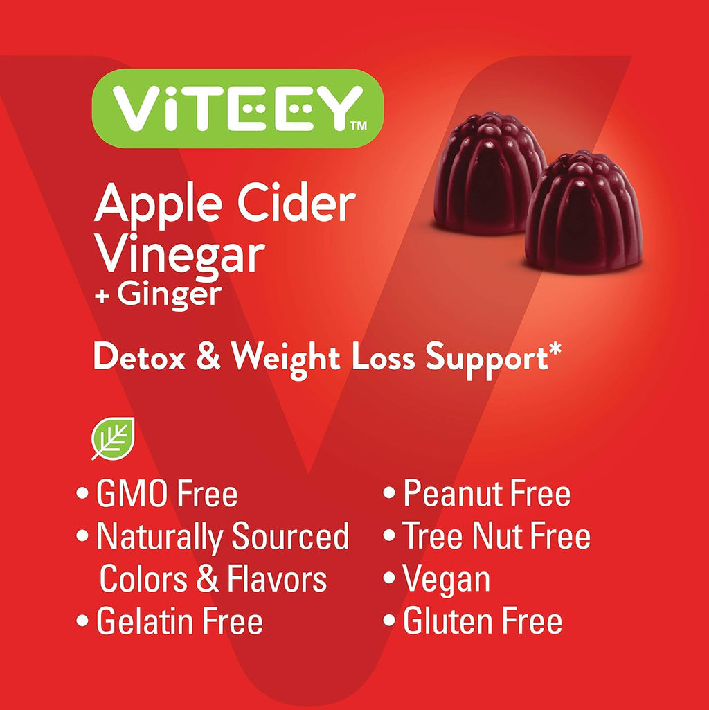 Viteey Apple Cider Vinegar Gummies and Ginger – 1000 mg ACV Gummies for Weight Loss, Detox and Digestion – Vegan, Gluten-Free – 120 Count